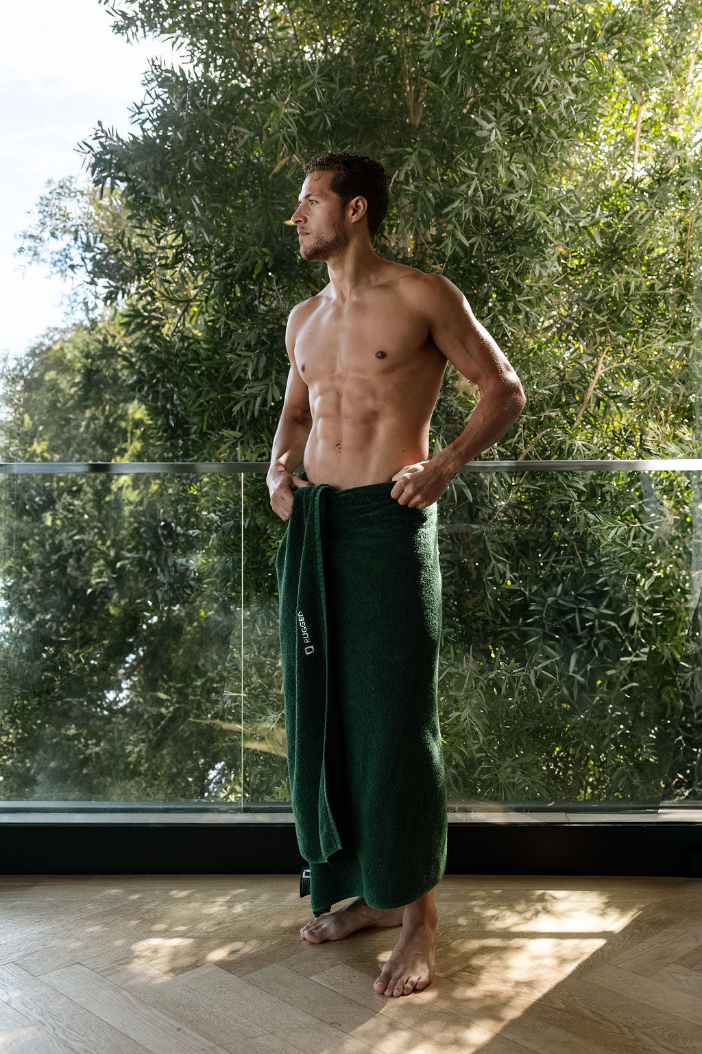 The Pine Towel-big bath towel-Turkish towel-towel wrapped around the man outside